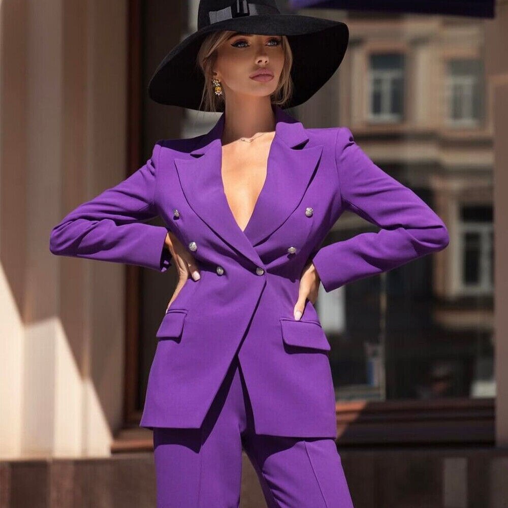Women Suit Purple Slim Fit Blazer Double Breasted Prom Formal Office Ladies Jacket Party Coat 2 Pieces