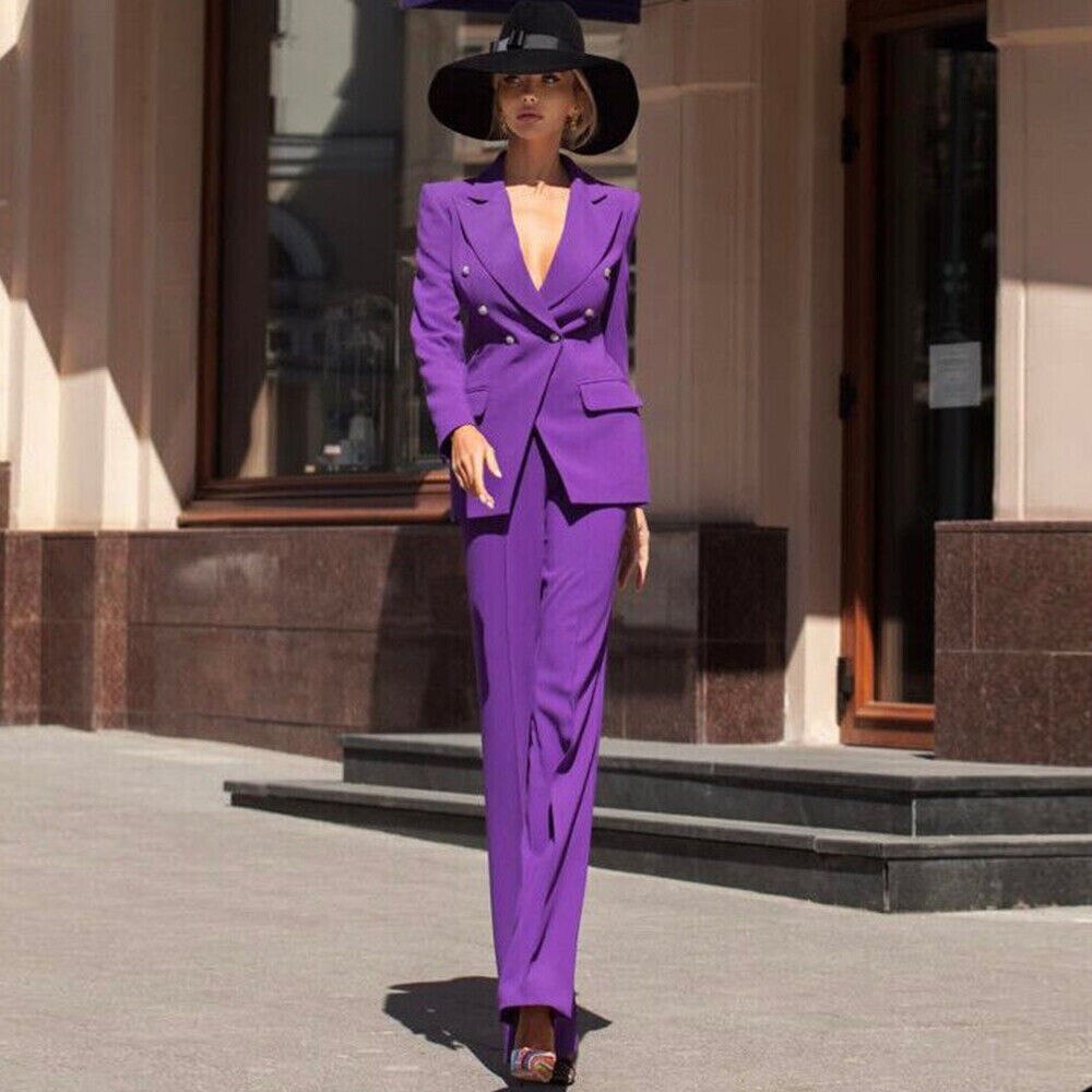 Women Suit Purple Slim Fit Blazer Double Breasted Prom Formal Office Ladies Jacket Party Coat 2 Pieces