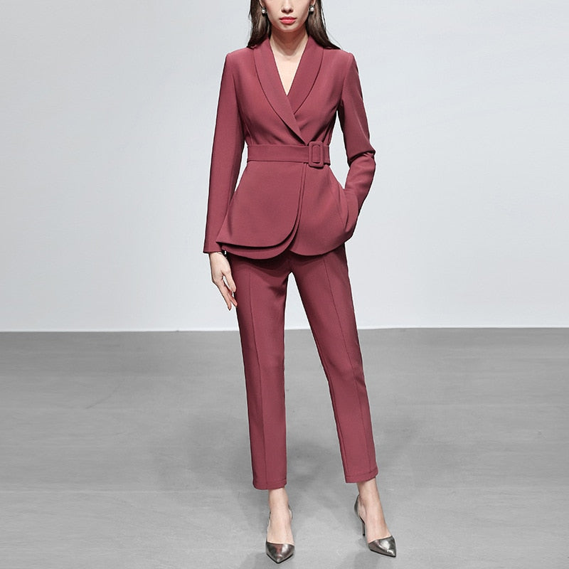 Ensemble de bureau élégant pour femme, blazer et pantalon droit, veste de soirée avec ceinture, robe de bal, en stock 