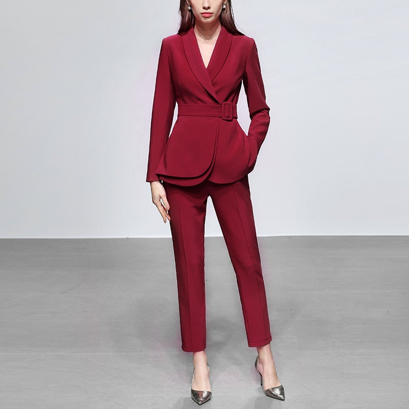 Ensemble de bureau élégant pour femme, blazer et pantalon droit, veste de soirée avec ceinture, robe de bal, en stock 