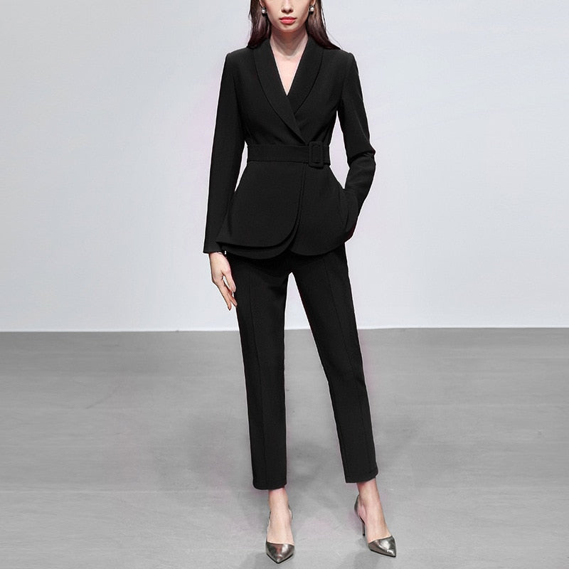 Ensemble de bureau élégant pour femme, blazer et pantalon droit, veste de soirée avec ceinture, robe de bal, en stock 