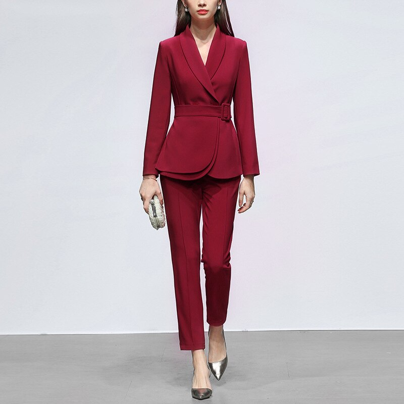 Ensemble de bureau élégant pour femme, blazer et pantalon droit, veste de soirée avec ceinture, robe de bal, en stock 
