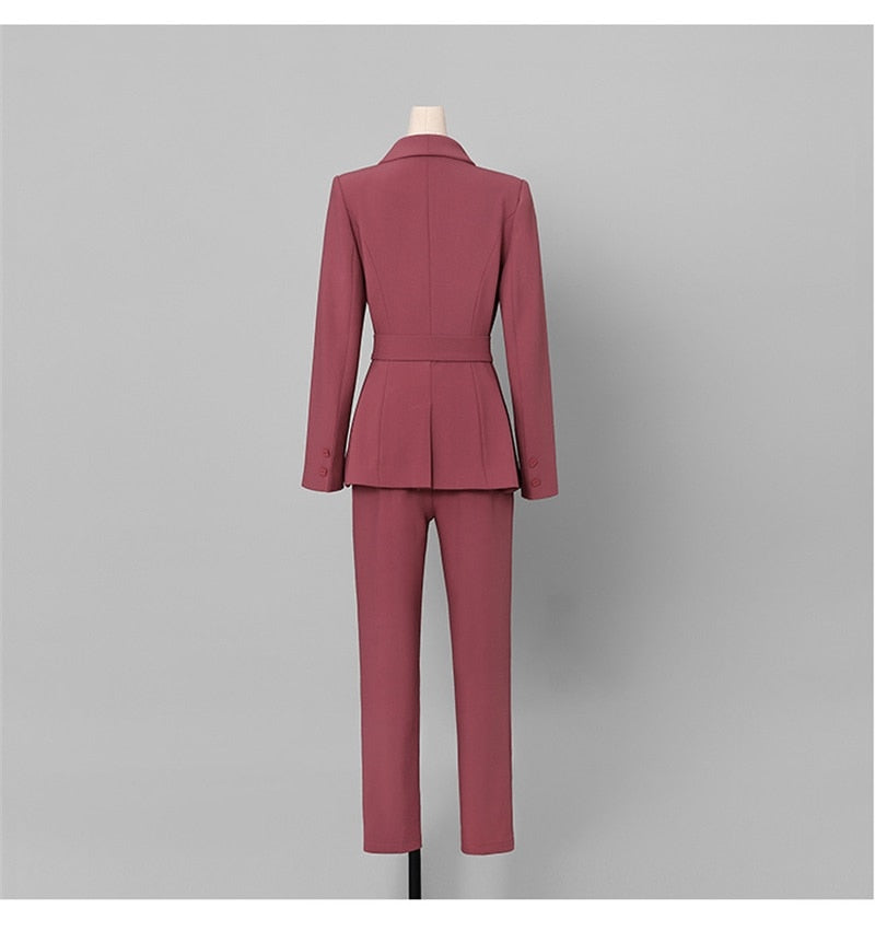 Ensemble de bureau élégant pour femme, blazer et pantalon droit, veste de soirée avec ceinture, robe de bal, en stock 