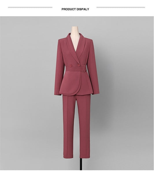 Women Suits Office Set Elegant Blazer+Straight Pants  Business Lady Party Jacket With Belt Prom Dress In Stock