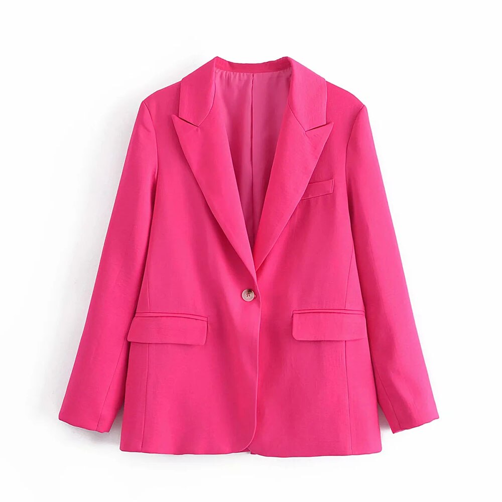 Ensemble deux pièces pour femme en satin rose rouge, blazer à un bouton, pantalon féminin, costume ample, style urbain 