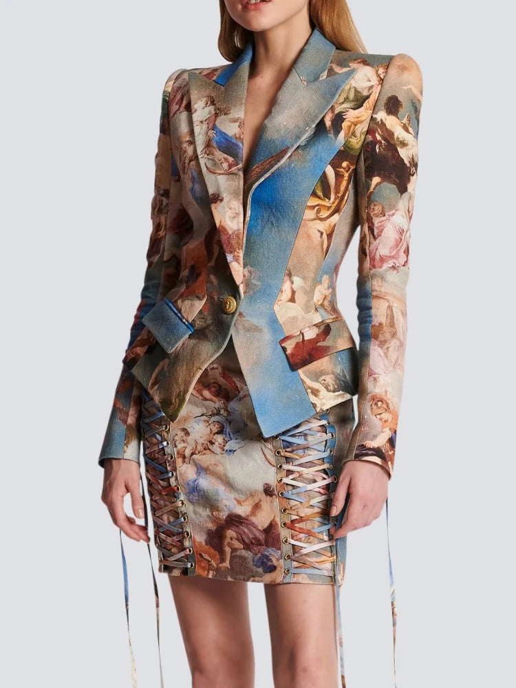 Elegante conjunto de blazer vintage artístico y minifalda con cordones: chaqueta elegante de manga larga con falda ajustada para eventos nocturnos. 