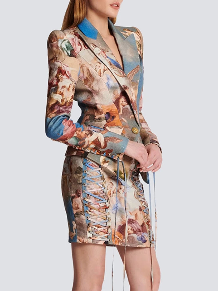 Elegante conjunto de blazer vintage artístico y minifalda con cordones: chaqueta elegante de manga larga con falda ajustada para eventos nocturnos. 