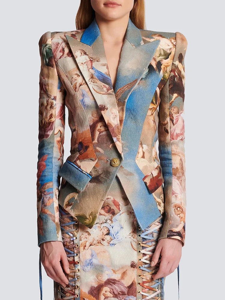 Elegante conjunto de blazer vintage artístico y minifalda con cordones: chaqueta elegante de manga larga con falda ajustada para eventos nocturnos. 