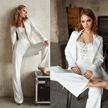 Women Wedding Tuxedos 3 Pieces Sets Beading Office Lady Blazer Suits High Waist Pants