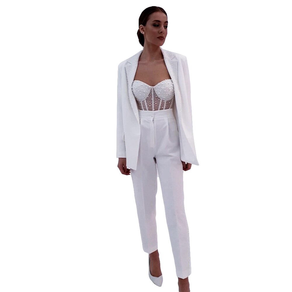 Women Wedding Tuxedos Sequins Beading Lady Office Blazer Sets Spring Cardigan Solid Pants Casual Wear 2 Pieces