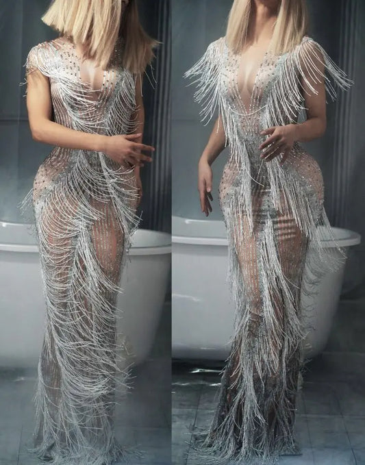 Glamorous Crystal Fringed Evening Gown for Women - Stunning Birthday Celebration and Festival Dress