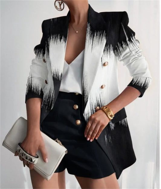 Women's Jacket Casual Business Printed Double Breasted Long Sleeve Blazer Office Ladies Formal Blazers