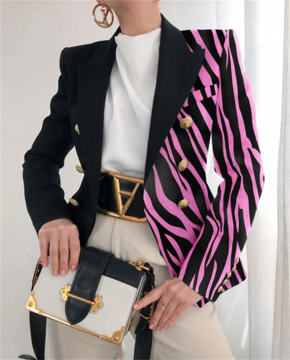 Veste décontractée pour femme, blazer croisé à manches longues, imprimé, pour le bureau