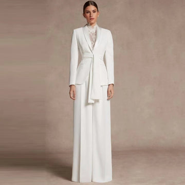 Ensemble élégant 2 pièces en coton blanc pour femme avec revers châle et pantalon taille haute ceinturé – Idéal pour les demoiselles d'honneur, les cocktails et les bals de fin d'année