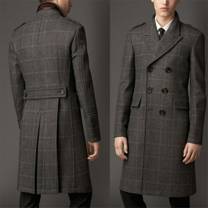 Wool Blend Coat Men Winter Over Jacket Double Breasted Checkered Business Long Overcoat Plus Size Warm Formal Business Tailored
