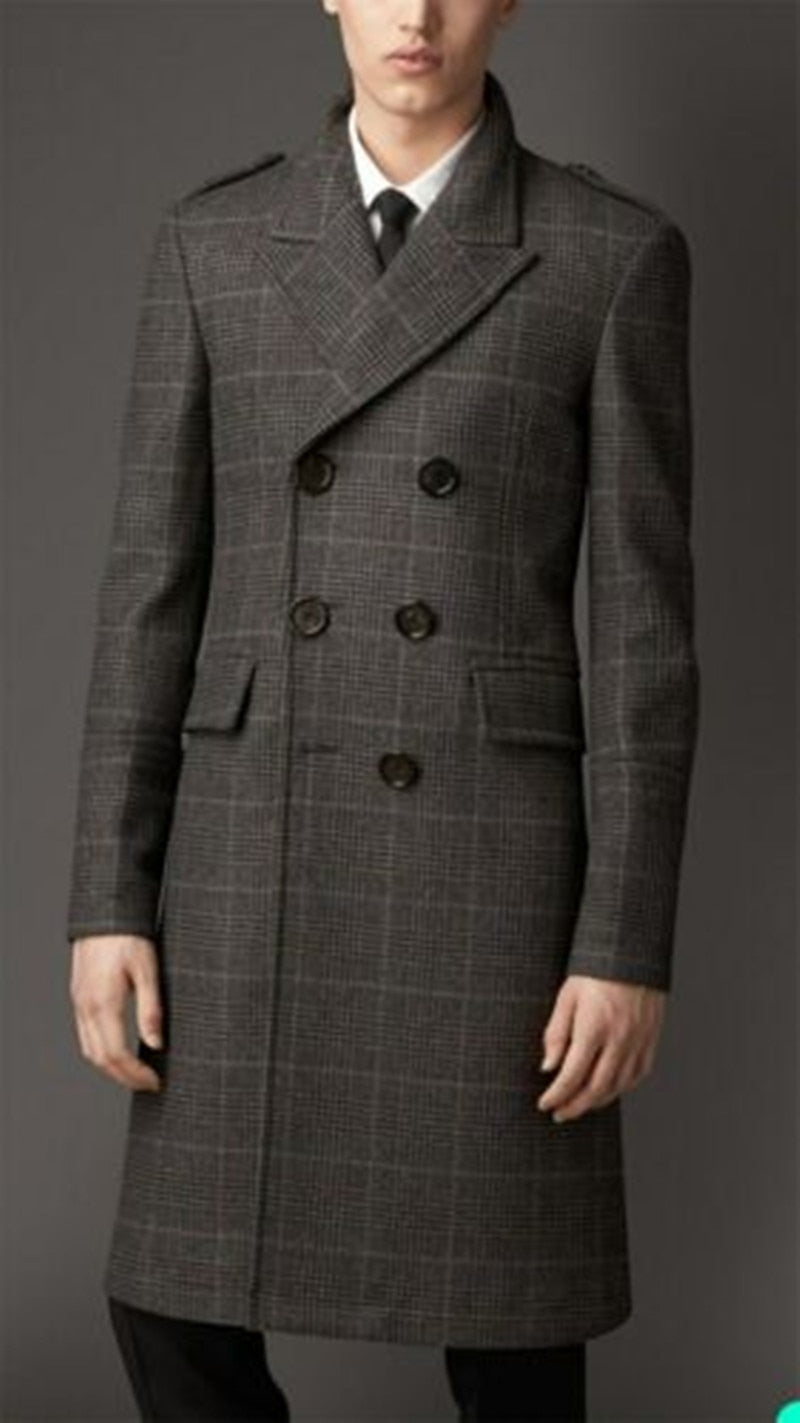 Wool Blend Coat Men Winter Over Jacket Double Breasted Checkered Business Long Overcoat Plus Size Warm Formal Business Tailored