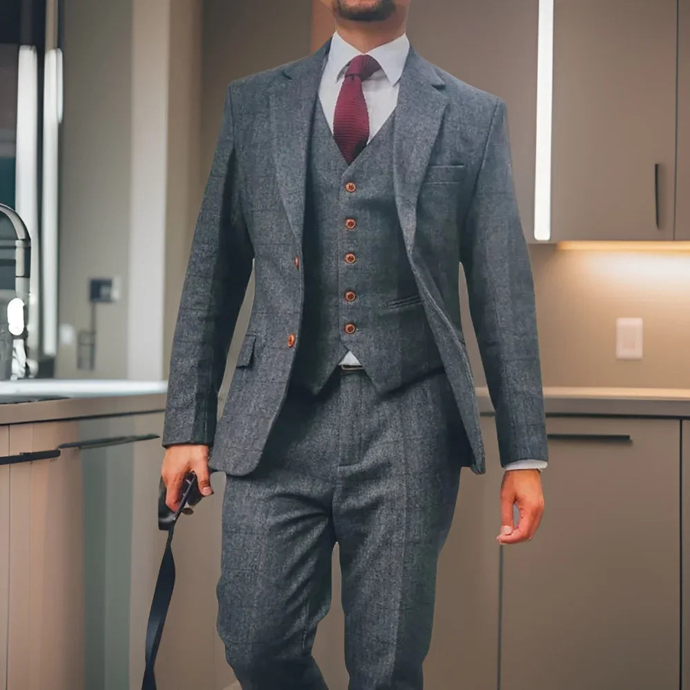 Trajes de boda de lana con diseño de espiga para caballero, 3 piezas, tweed, para novio, esmoquin de boda, traje de negocios, chaqueta con chaleco y pantalones