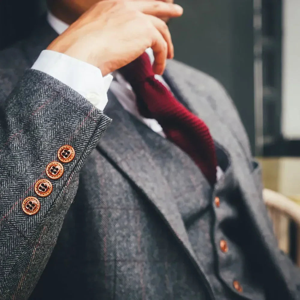 Trajes de boda de lana con diseño de espiga para caballero, 3 piezas, tweed, para novio, esmoquin de boda, traje de negocios, chaqueta con chaleco y pantalones