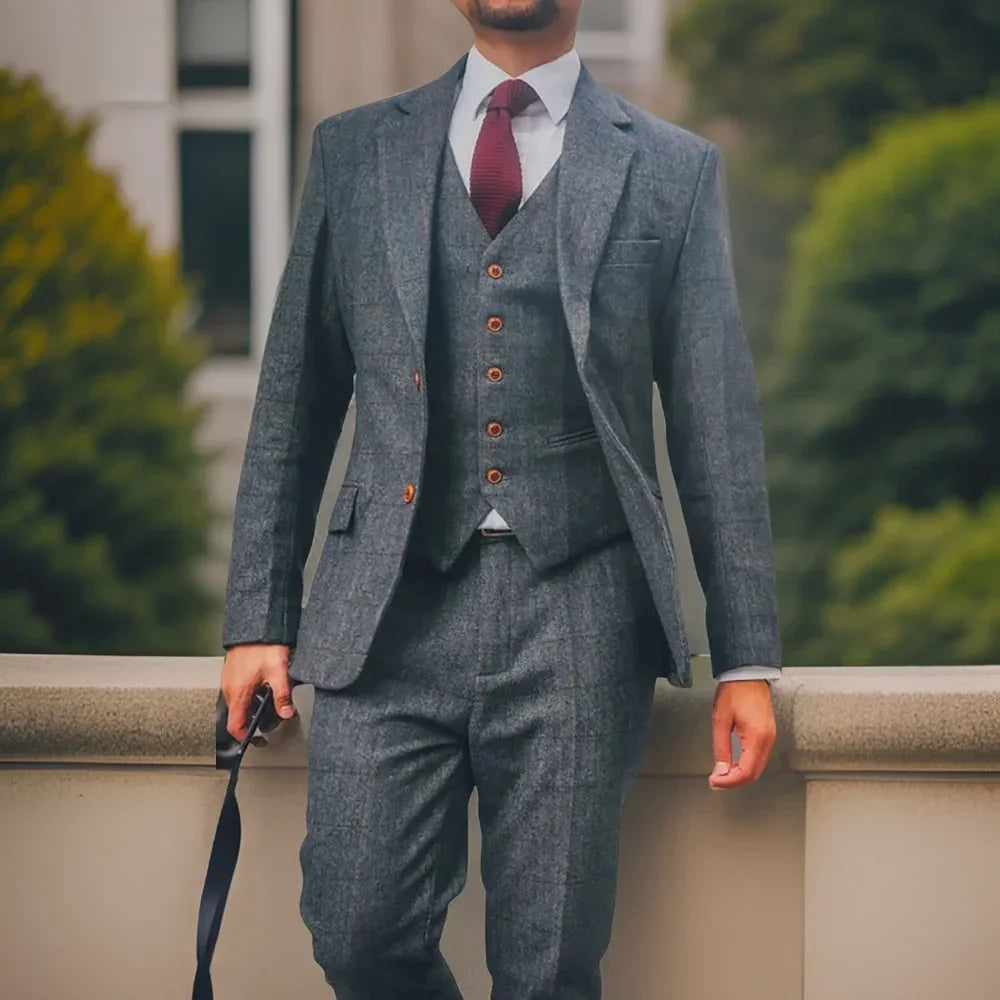 Trajes de boda de lana con diseño de espiga para caballero, 3 piezas, tweed, para novio, esmoquin de boda, traje de negocios, chaqueta con chaleco y pantalones