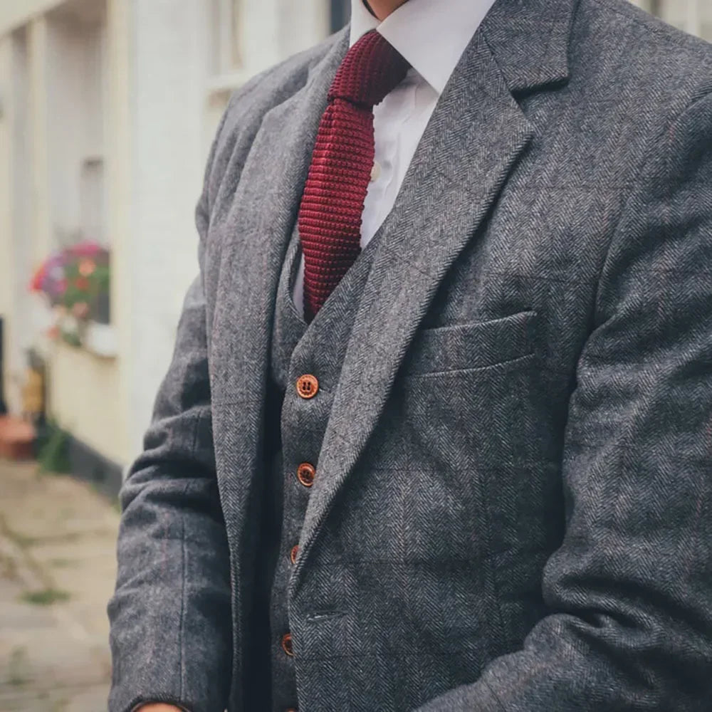 Trajes de boda de lana con diseño de espiga para caballero, 3 piezas, tweed, para novio, esmoquin de boda, traje de negocios, chaqueta con chaleco y pantalones