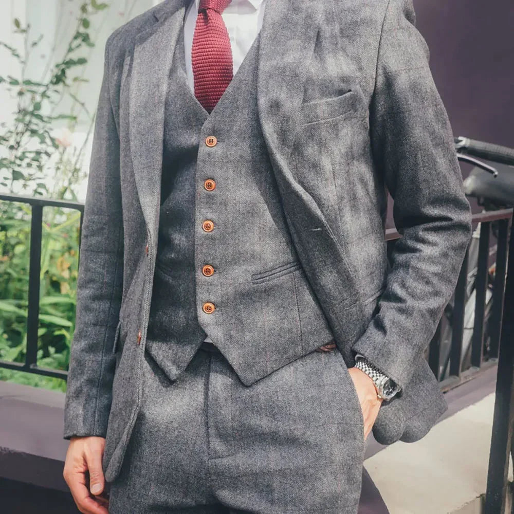 Trajes de boda de lana con diseño de espiga para caballero, 3 piezas, tweed, para novio, esmoquin de boda, traje de negocios, chaqueta con chaleco y pantalones