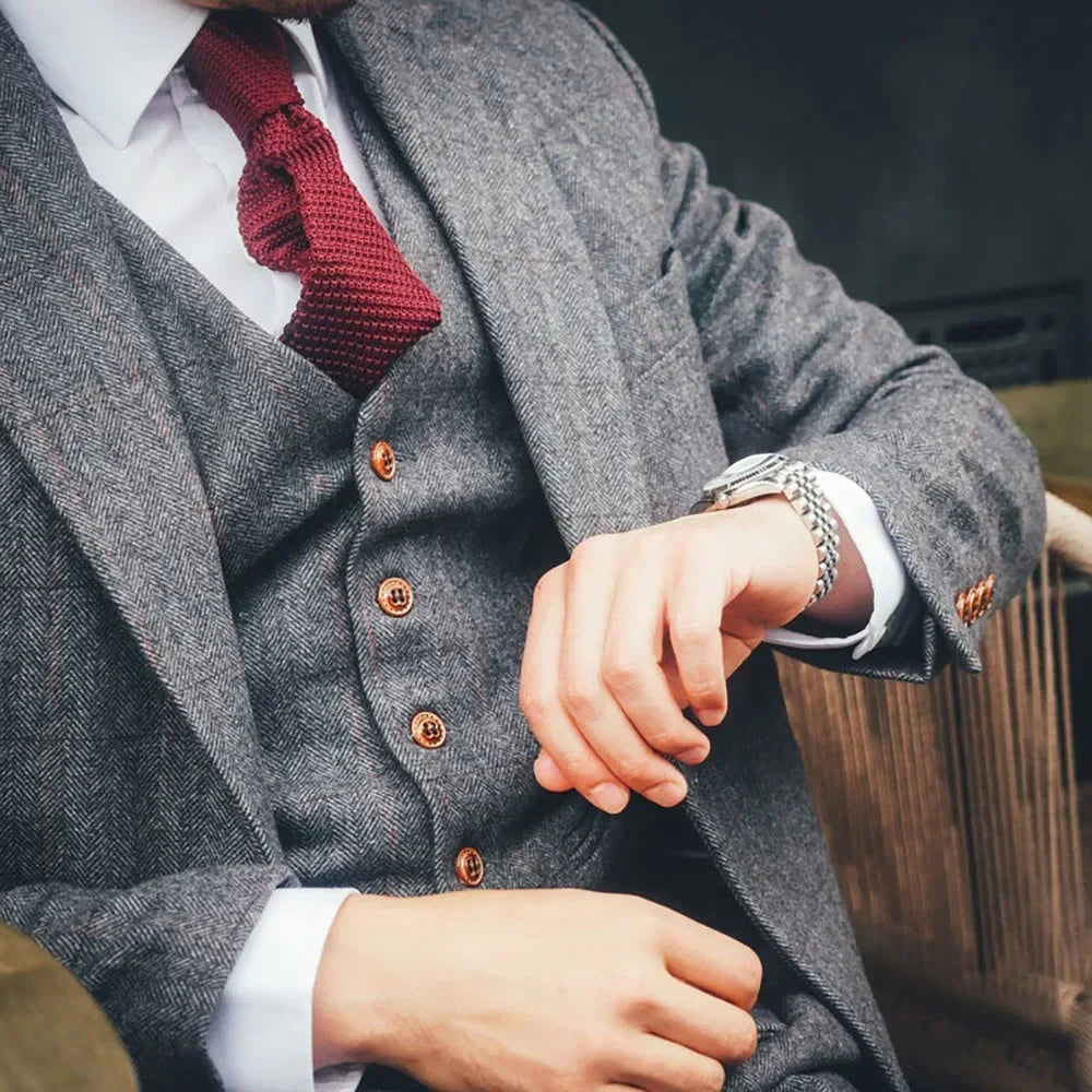 Trajes de boda de lana con diseño de espiga para caballero, 3 piezas, tweed, para novio, esmoquin de boda, traje de negocios, chaqueta con chaleco y pantalones