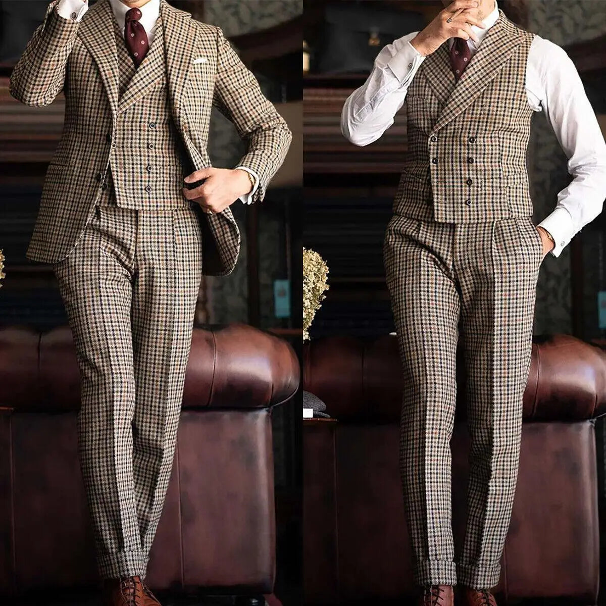 Woolen Tweed Wedding Suits For Men Slim Fit Plaid Check Peaked Lapel Groom Tuxedos 3 Pieces Jacket Vest Pants