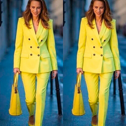 Yellow Double Breasted Women Blazer Suits Slim Fit Street Power Leisure Evening Party Jacket Outfit Wedding Wear 2 Pieces