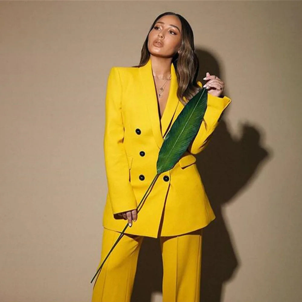 Yellow Pant Suits For Women Double Breasted Coat +  Pants Office Ladies Casual Long Sleeves Blazer Straight Leg Trousers