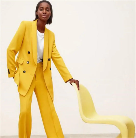 Yellow Pant Suits For Women Double Breasted Coat +  Pants Office Ladies Casual Long Sleeves Blazer Straight Leg Trousers