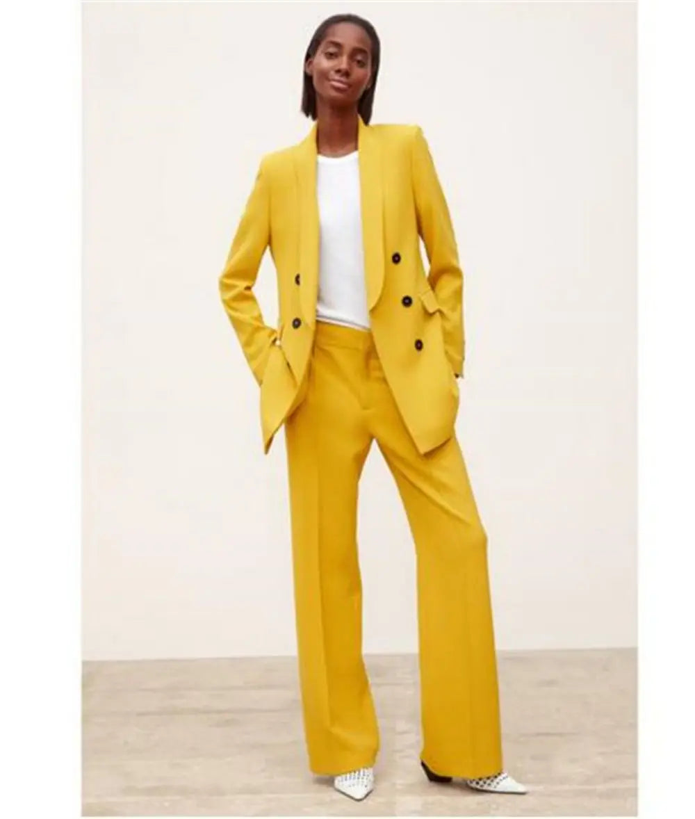 Trajes de pantalón amarillo para mujer, abrigo cruzado + pantalón, blazer informal de manga larga para oficina, pantalones rectos. 