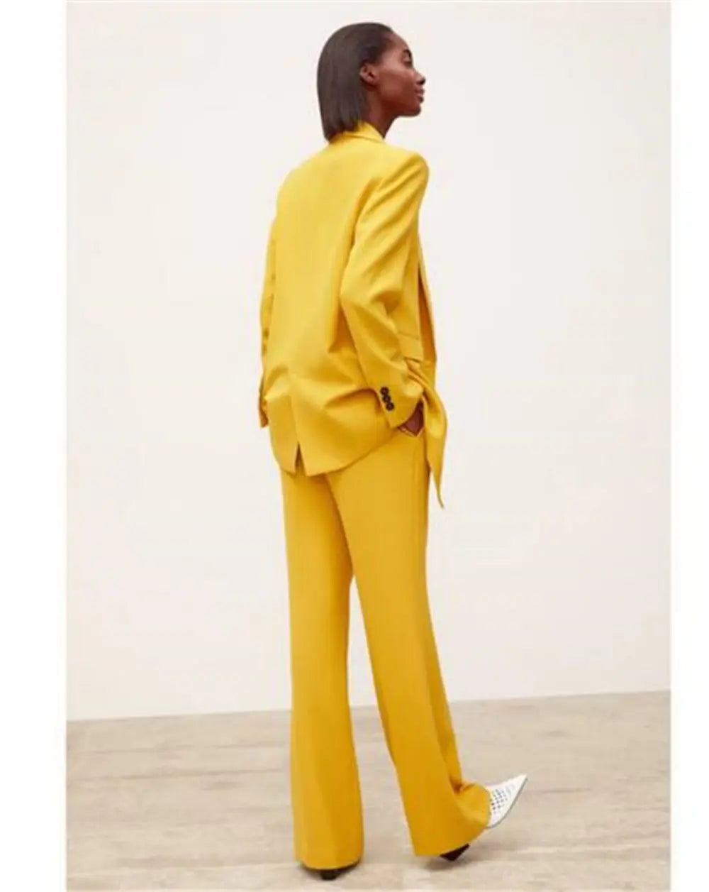 Trajes de pantalón amarillo para mujer, abrigo cruzado + pantalón, blazer informal de manga larga para oficina, pantalones rectos. 