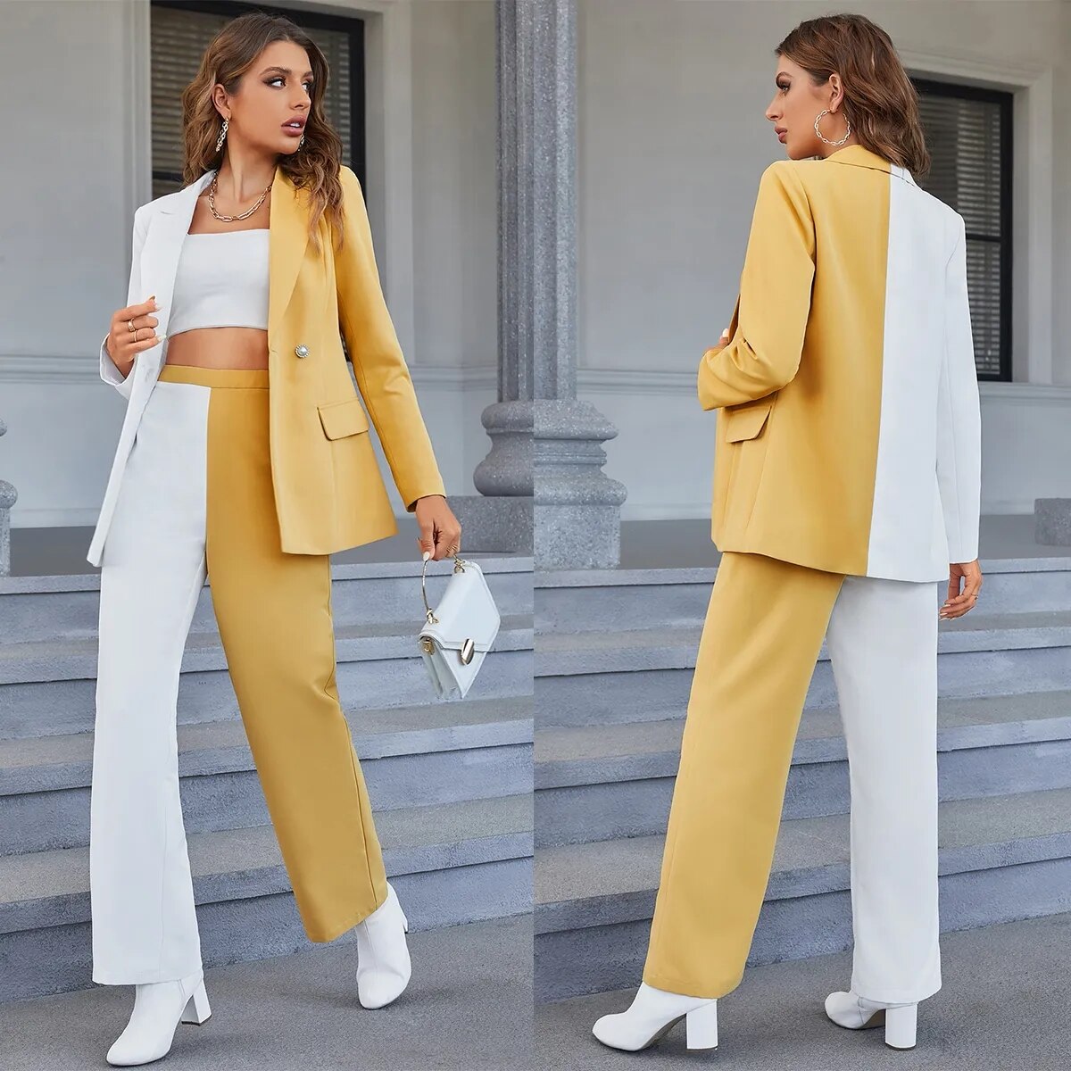 Yellow White Patchwork Women Pants Suits Color Matching Celebrity Mother of the Bride Wear Evening Party Wedding Formal 2 Pieces