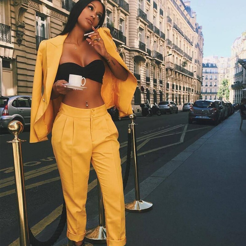 Trajes formales de oficina para mujer, color amarillo, para negocios, chaqueta, pantalón, traje a medida, para boda, graduación, noche, vestidos para madre de la novia. 