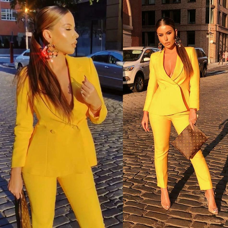Trajes de negocios amarillos de 2 piezas con cuello en V para mujer, trajes de madre a medida, trajes formales de noche, esmoquin (chaqueta + pantalón) 