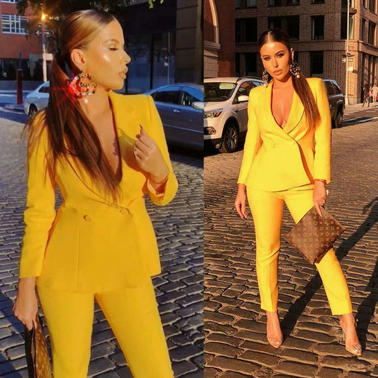 Yellow Women Ladies V Neck 2 Pieces Business Pants Suits Custom Made Mother's Dress Formal Evening Wear Tuxedos(Jacket+Pants)