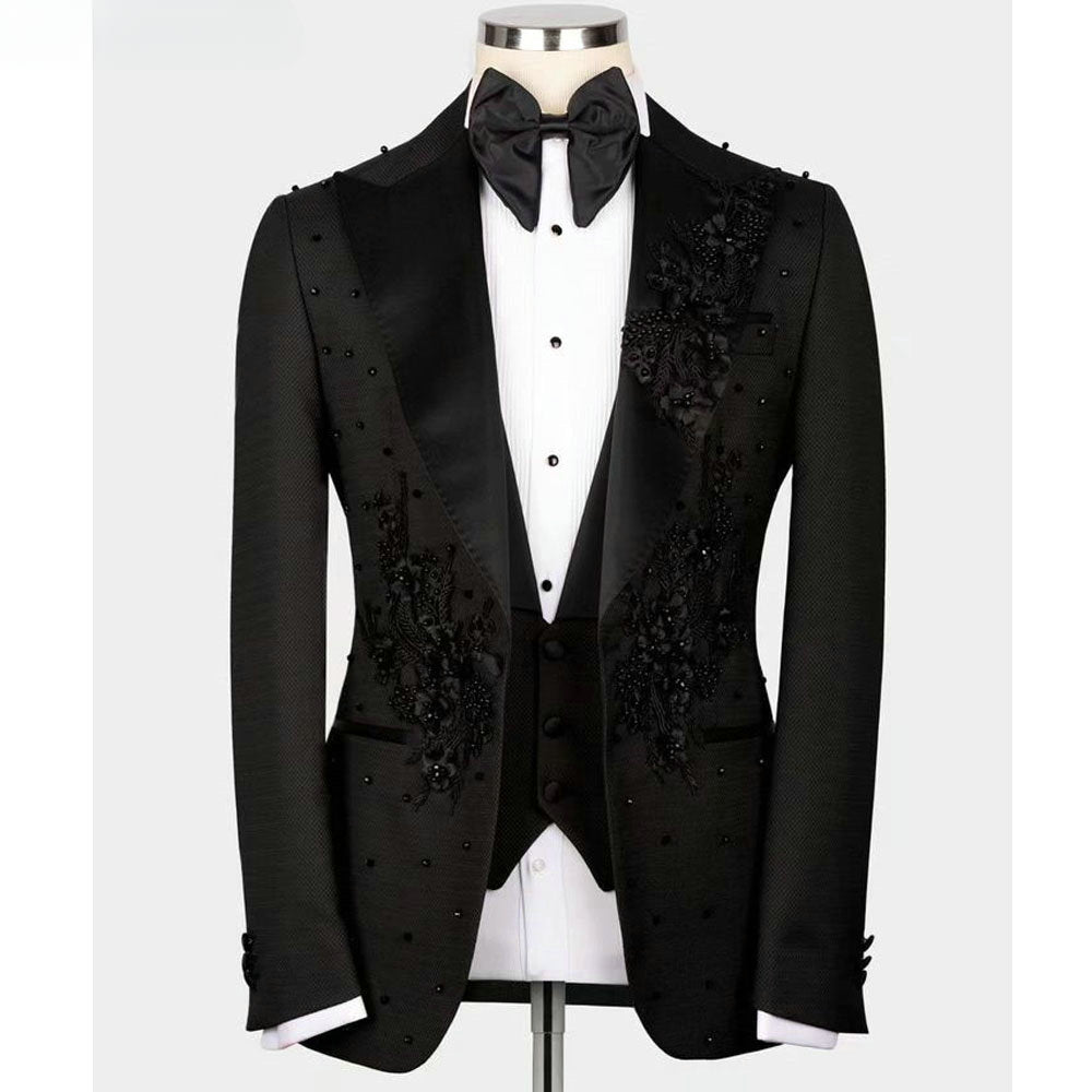Black Elegant 3D Floral Lace Pearls Men Suits 2 Pieces (Jacket + Pants+Vest)