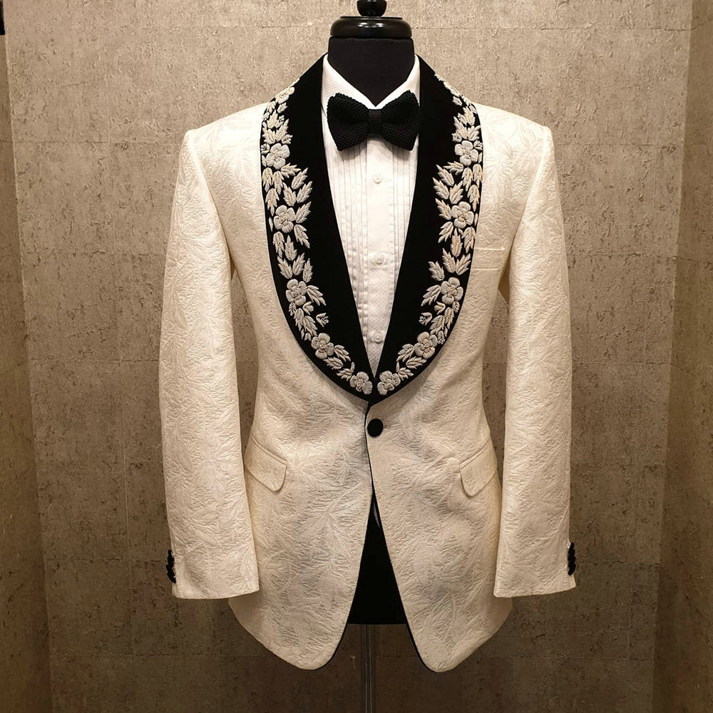 Champagne 3D Floral Lace Groom Wear Jacquard Formal Men Suits 2 Piece Jacket and Pants Sets Smart Casual Business Blazer