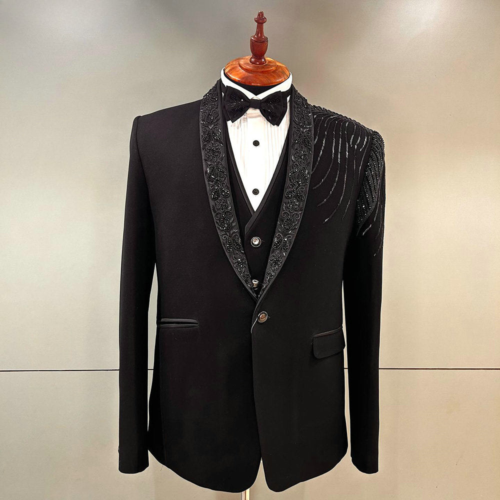 Costume de marié 3 pièces noir à paillettes et perles, ensemble blazer de bal sur mesure, mode masculine