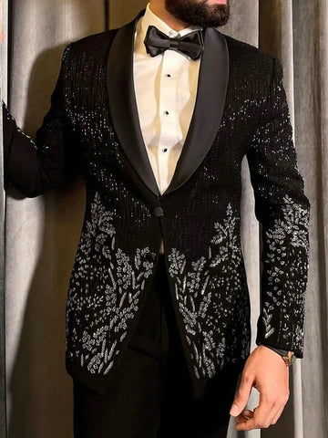 Costume deux pièces noir pour homme, veste et pantalon à paillettes, avec perles en cristal