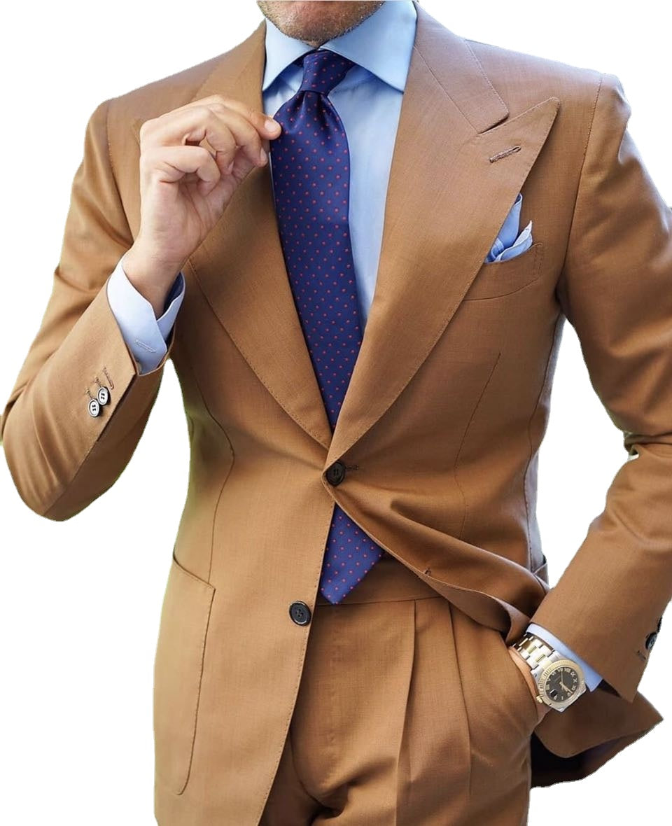 Conjunto de traje informal y elegante de 2 piezas para hombre, clásico, marrón, con chaqueta y pantalón de negocios, traje de boda liso y ajustado. 