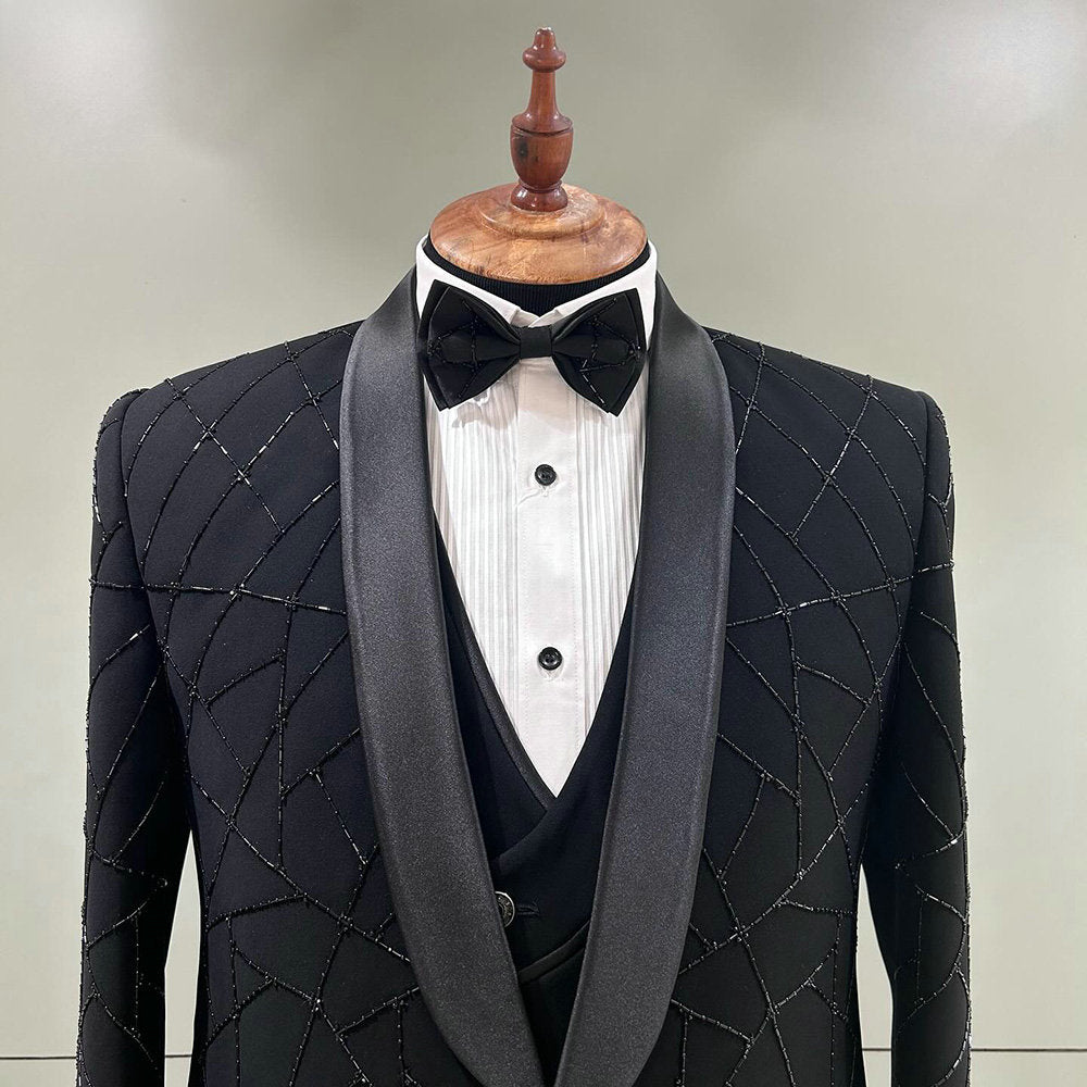 Costume de mariage noir 3 pièces pour homme, smoking de marié, avec perles, sur mesure, blazer de bal noir, mode masculine