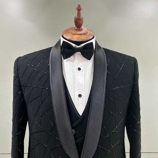Costume de mariage noir 3 pièces pour homme, smoking de marié, avec perles, sur mesure, blazer de bal noir, mode masculine