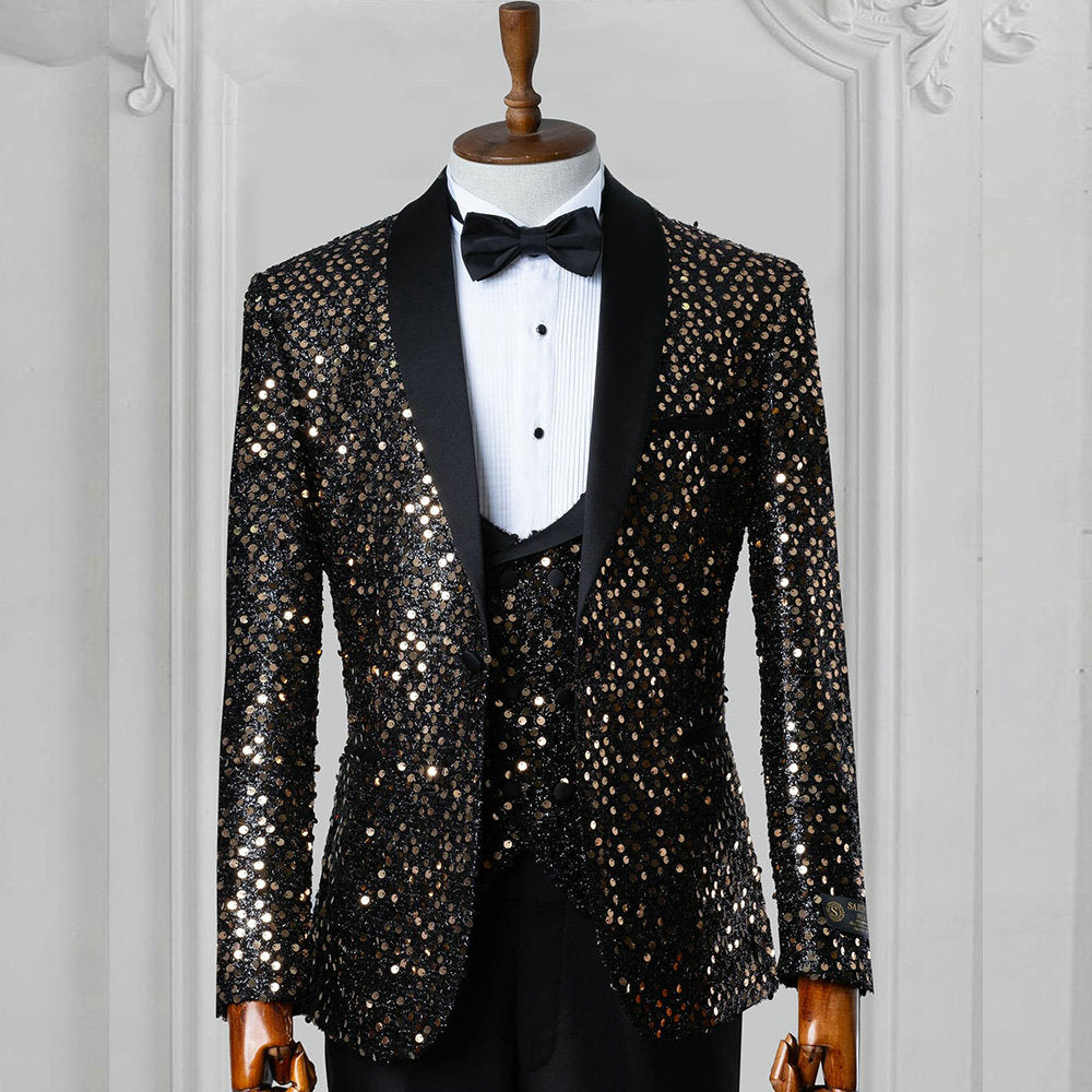 Black Sequined Groom Wear Formal Men Suits 3 Piece Jacket Vest And Pants Sets Smart Casual Business Blazer