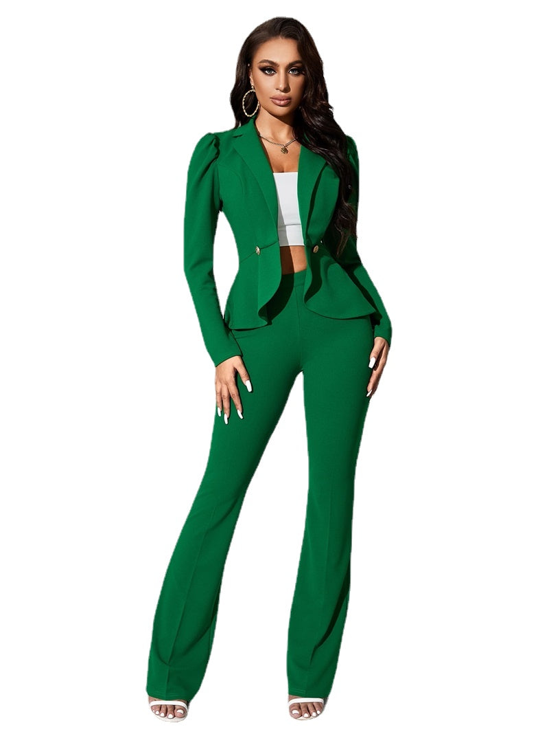 Flounces Women Suit Set Blazer+Pants 2 Pcs Green Formal Tailored Office Lady Jacket Prom Dress Wedding Tuxedo
