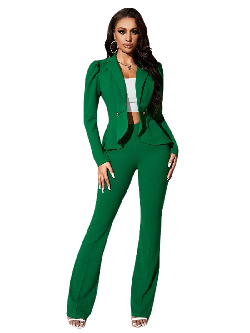 Conjunto de traje con volantes para mujer, blazer y pantalón, 2 piezas, verde, formal, a medida, para oficina, vestido de graduación, boda, esmoquin. 