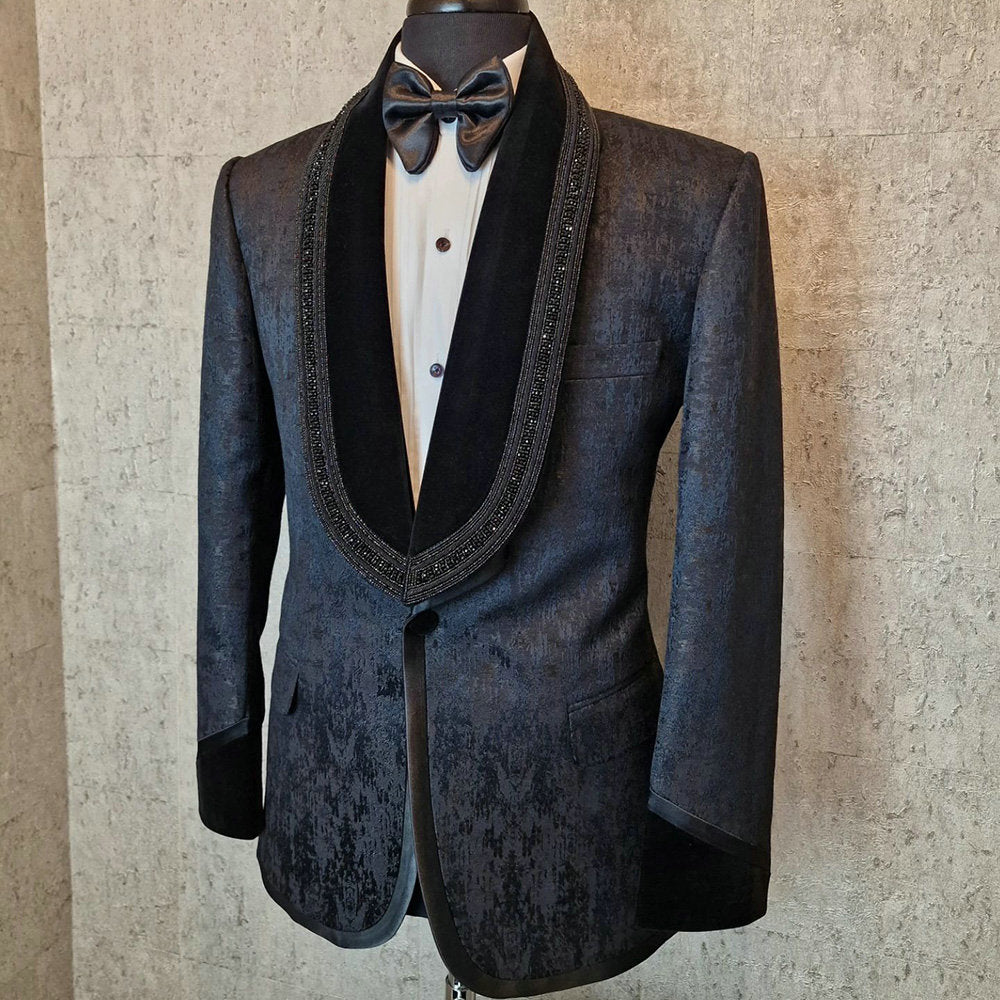Black Beading Pearls Men Suits Two Pieces Jacquard Weave Evening Party Blazer Groom Wear ( Jacket + Pants )