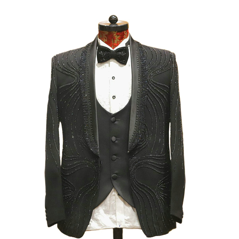 Costume 3 pièces noir fait main avec perles, blazer et pantalon pour homme, smoking, haute couture, mariage, bal, grande taille, sur mesure