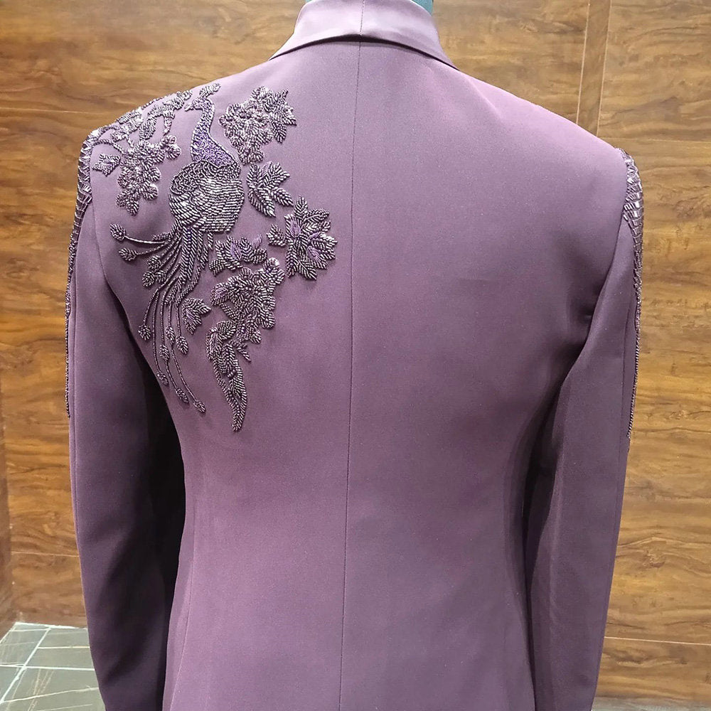 Costume 3 pièces violet à perles pour homme, blazer, gilet, pantalon, paillettes, appliques, smoking, haute couture, mariage, bal, grande taille, sur mesure