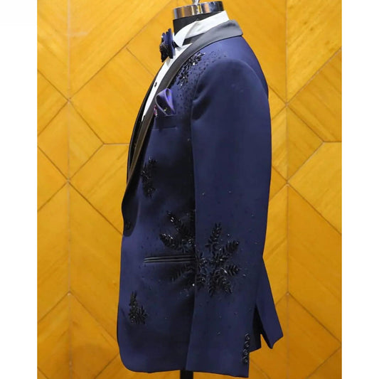 Blazers azul real para hombre, trajes con apliques de lentejuelas y cristales, moda para banquetes, 2 piezas, chaqueta de negocios, pantalones.